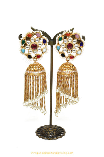 Gold Finished Navratan Kundan Jhumki Earrings by PTJ
